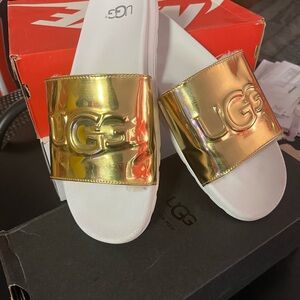 UGG Metallic Gold Slides with White Base